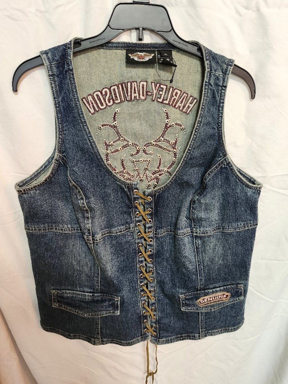Vtg Harley-Davidson Lace-up Vest Embroidered Back With Jewels
